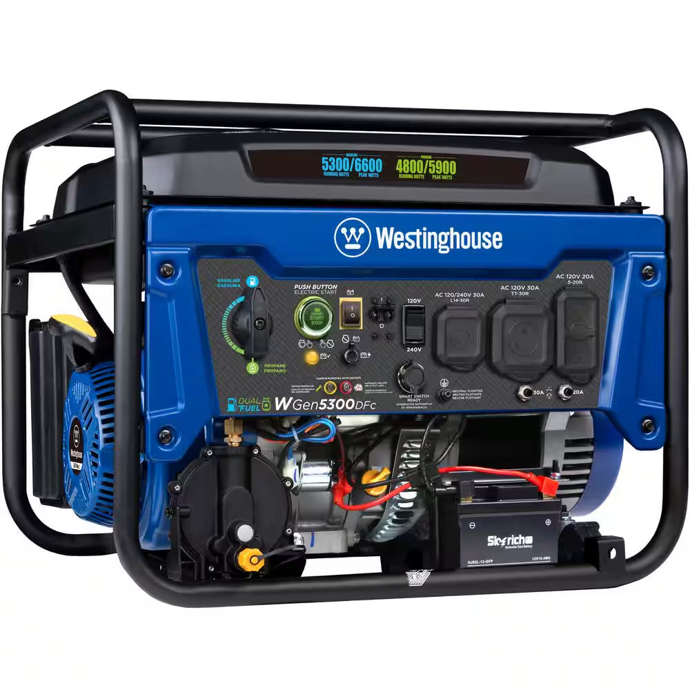 6,600/5,300-Watt Dual Fuel Gas and Propane Powered Portable Generator with Remote Electric Start, 30A 120/240V Outlet