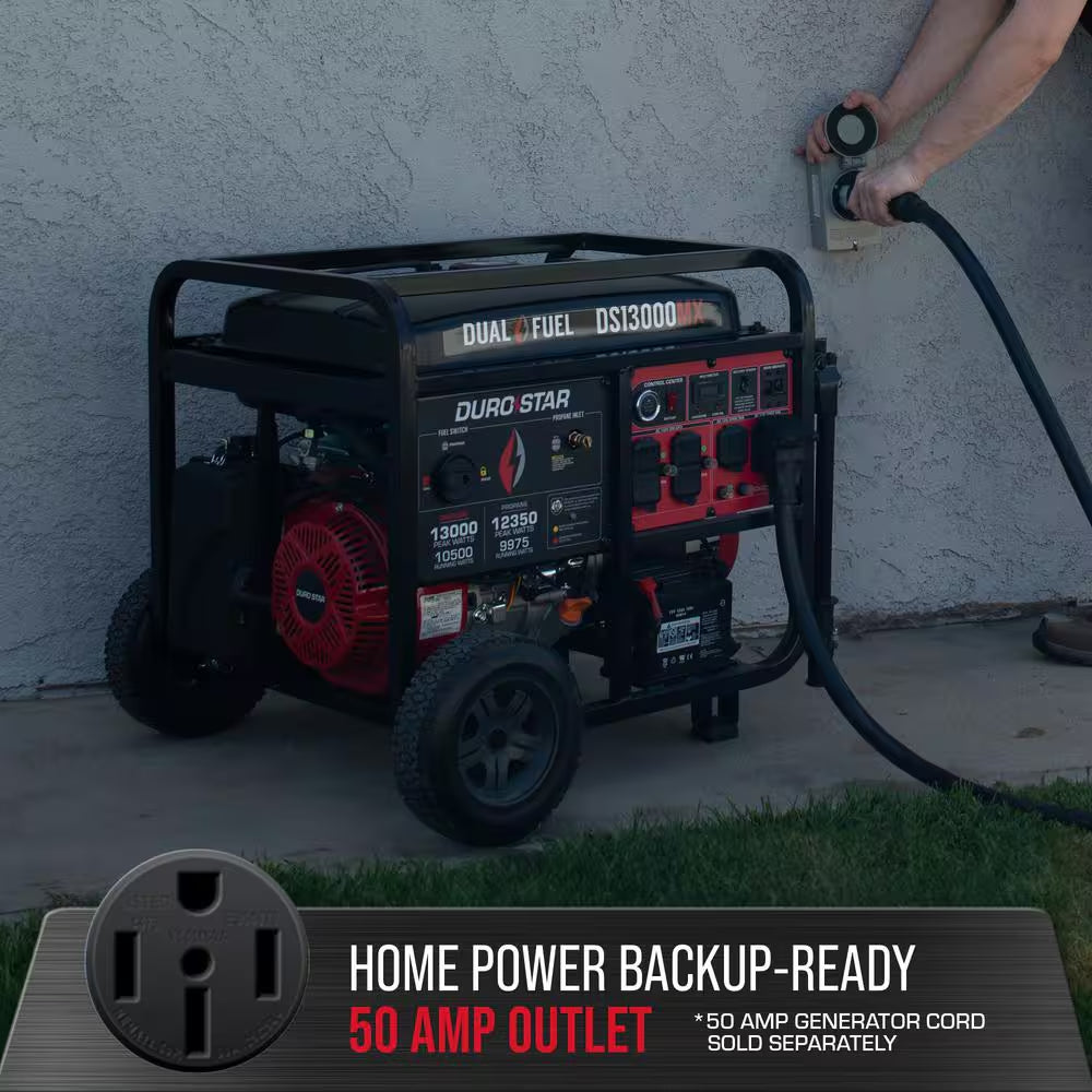 13000-Watt Push Button Start Dual Fuel Gas and Propane Powered Portable Generator with CO Shutdown Sensor 50Amp Outlet