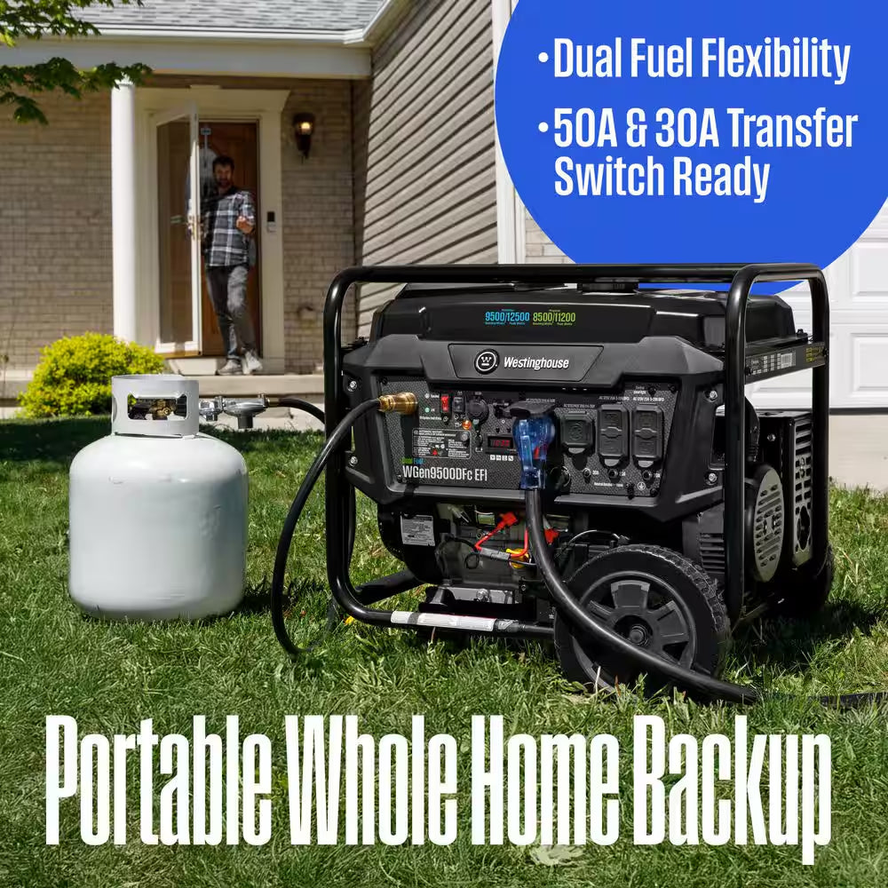12,500/9,500-Watt Dual Fuel Gas and Propane Powered EFI Portable Generator with Remote Electric Start, 50 Amp Outlet