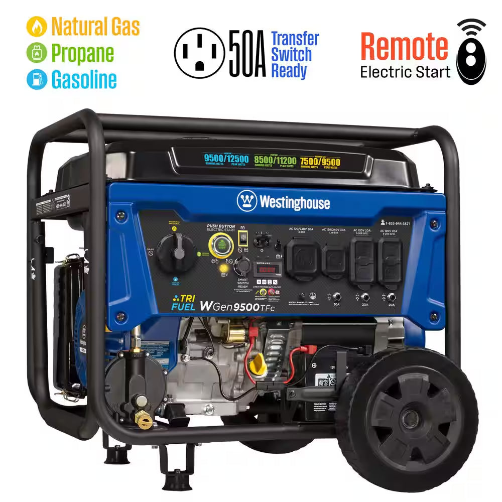 12,500/9,500-Watt Tri-Fuel Gas, Propane, Natural Gas Powered Portable Generator with Remote Electric Start, 50A Outlet