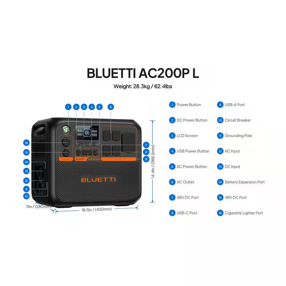 2400/3600-Watt Continuous Peak Output Power Station AC200PL Pushbutton Start Lifepo4 Battery Solar Generator for Outdoor