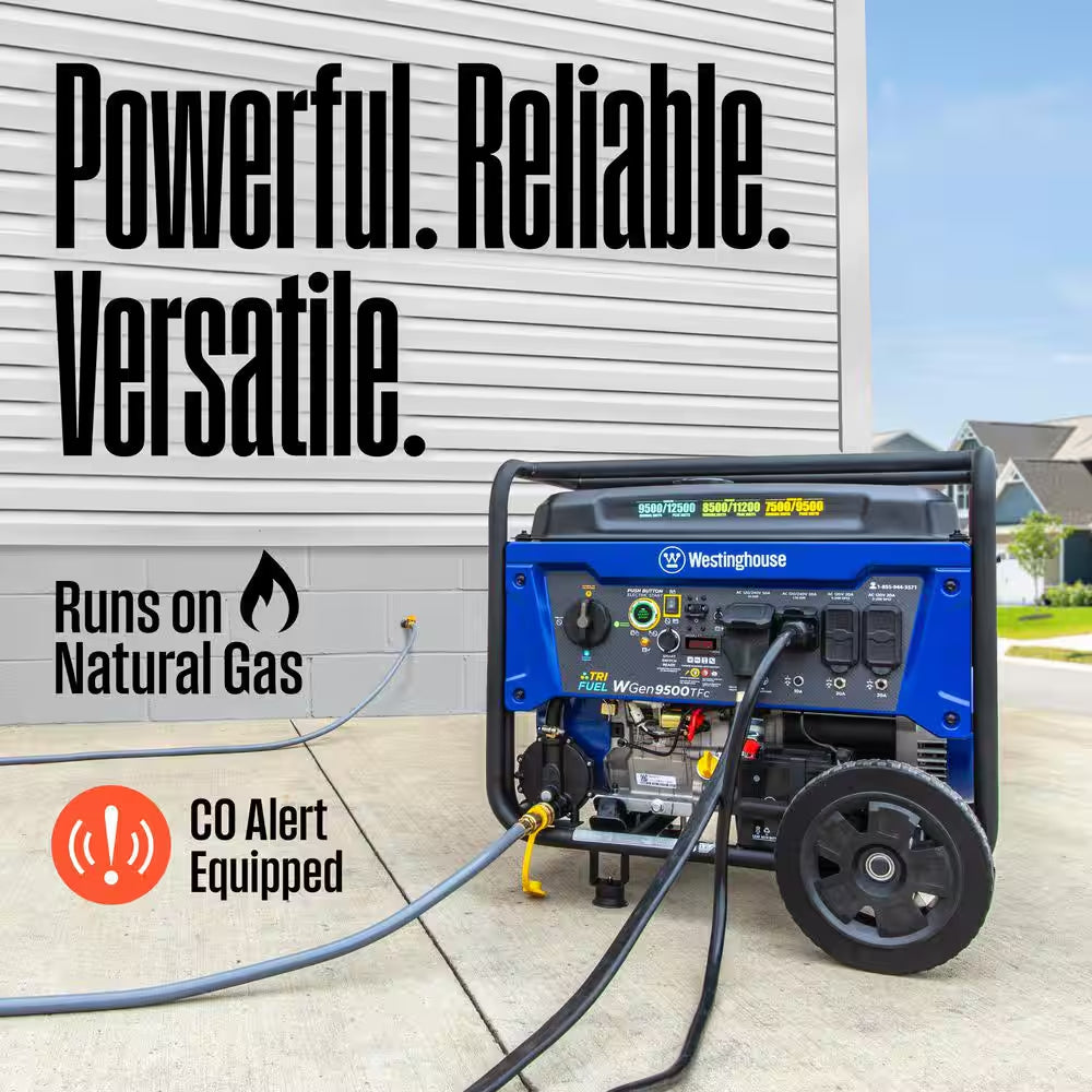 12,500/9,500-Watt Tri-Fuel Gas, Propane, Natural Gas Powered Portable Generator with Remote Electric Start, 50A Outlet