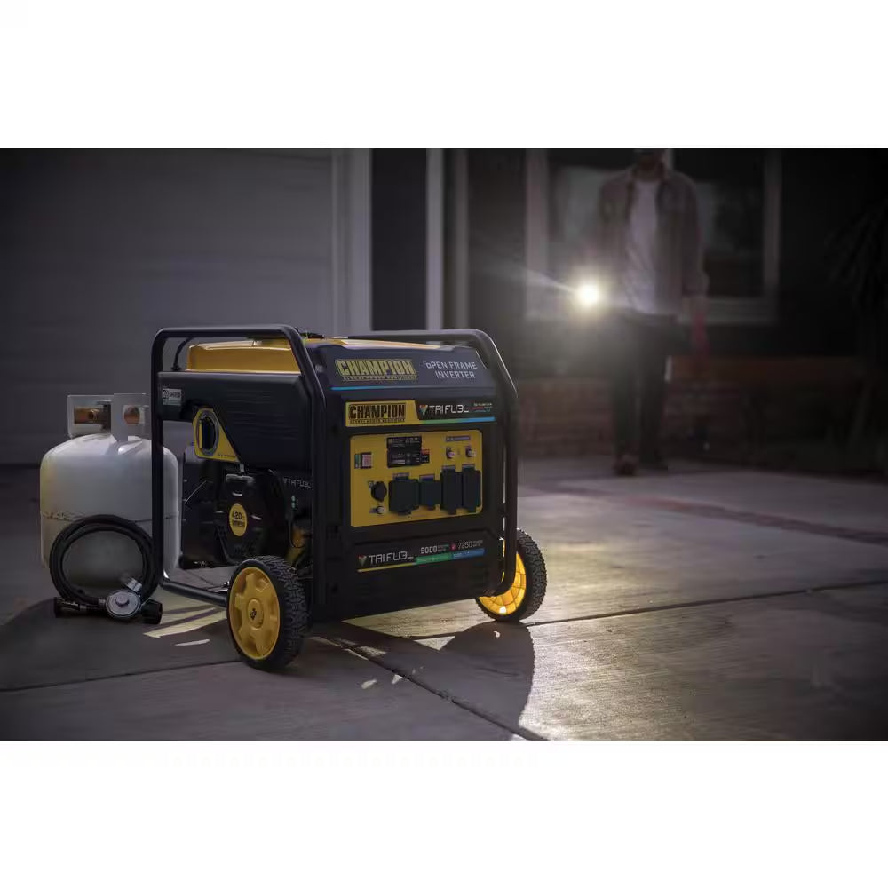 9000-Watt Electric Start Gasoline Propane and Natural Gas Tri Fuel Open Frame Inverter Generator, CO Shield, NG/LPG Hose