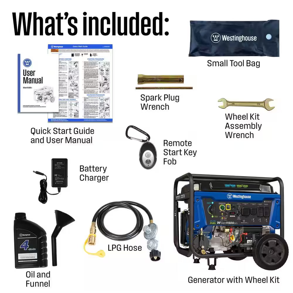 14,500-Watt/11,500-Watt Remote Start Dual Fuel Gas and Propane Portable Generator with Transfer Switch Outlet, CO Sensor