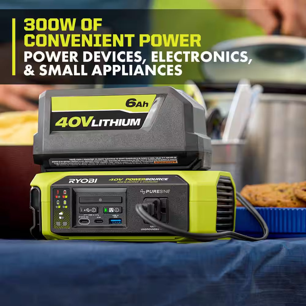 40V 1800-Watt Portable Battery Inverter Power Station & 4-Port Charger W/ 300-Watt Power Source & (2) 6.0 Ah Batteries