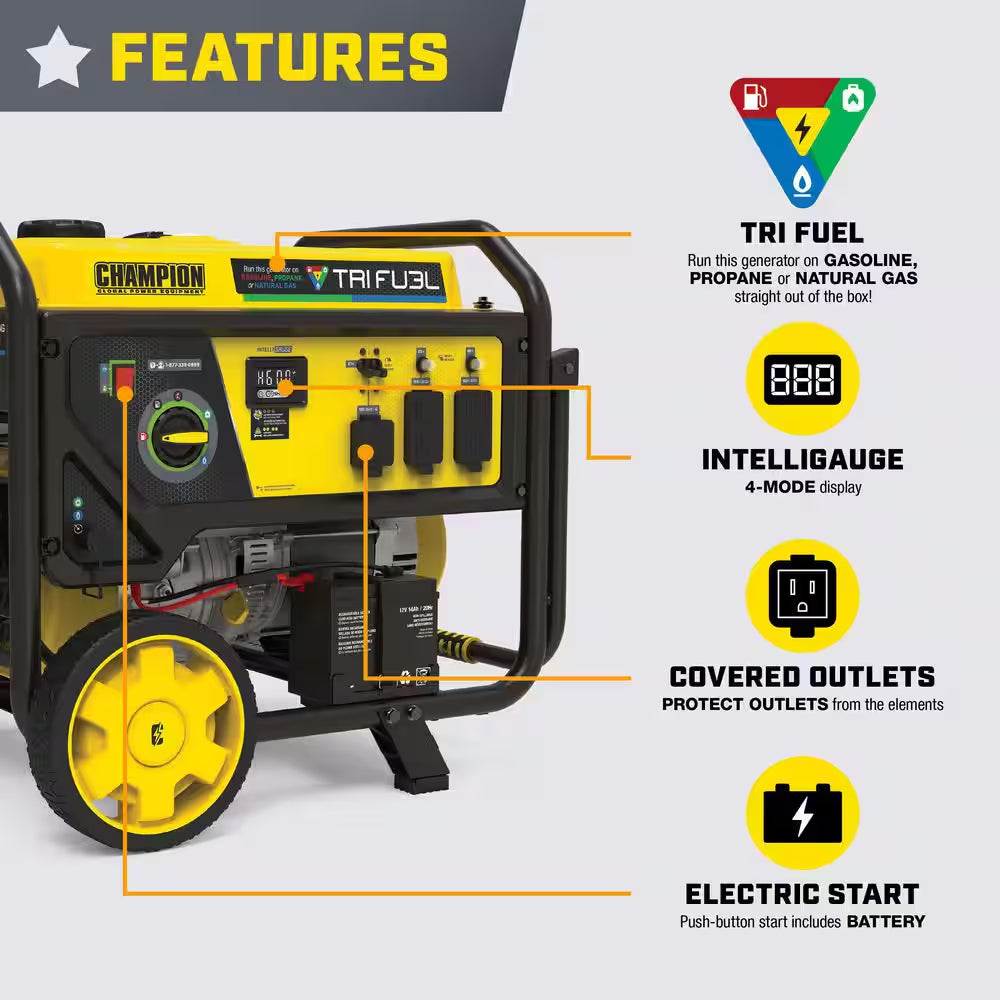 8,125/6,500-Watt Electric Start Gasoline Propane and Natural Gas Tri-Fuel Portable Generator, CO Shield, NG/LPG Hoses