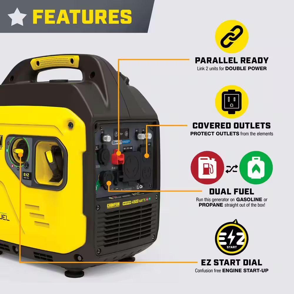 4500/3250-Watt Recoil Start Gasoline/Propane Powered Dual Fuel Inverter Generator with Quiet Technology and CO Shield