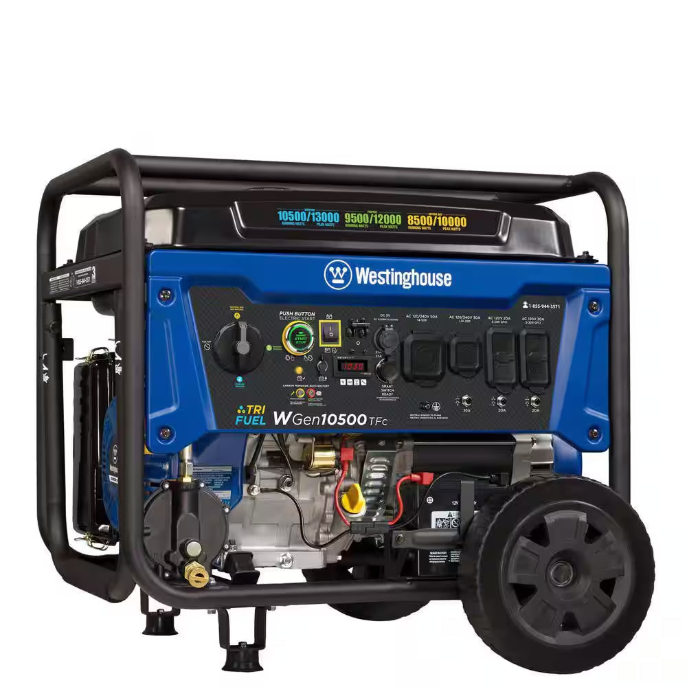 13,500/10,500-Watt Tri-Fuel Gas, Propane, Natural Gas Powered Portable Generator with Remote Electric Start, 50A Outlet